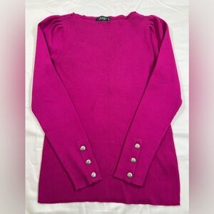 Women Lauren Ralph Lauren fuchsia sweater with button details on the sleeves.